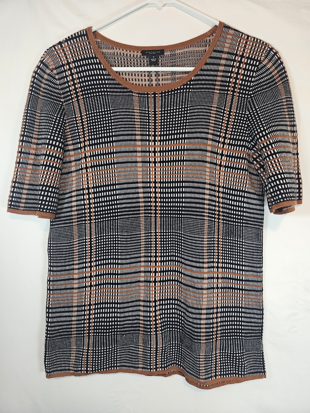 Ann Taylor Factory Black and Tan Checkered Short Sleeve Knit Top